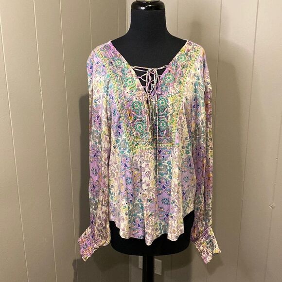 Anthropologie Small Odetta Embroidered Top Drawstring Lace-Up Floral - Picture 3 of 9